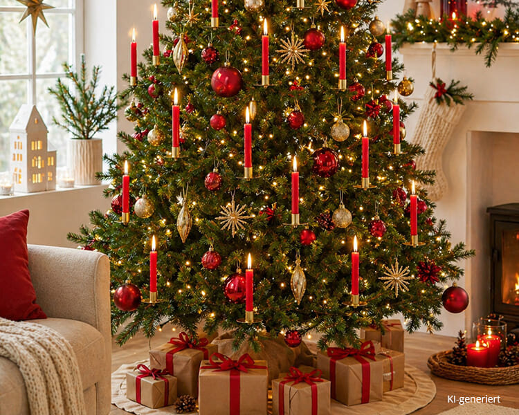 Baumkerzen am Weihnachtsbaum in Rot und Gold für festliche Weihnachtsdekoration