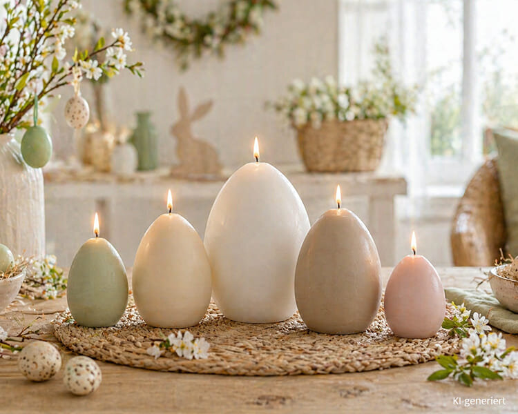 Eierkerzen in Pastellfarben als dekorative Osterkerzen für den Frühling