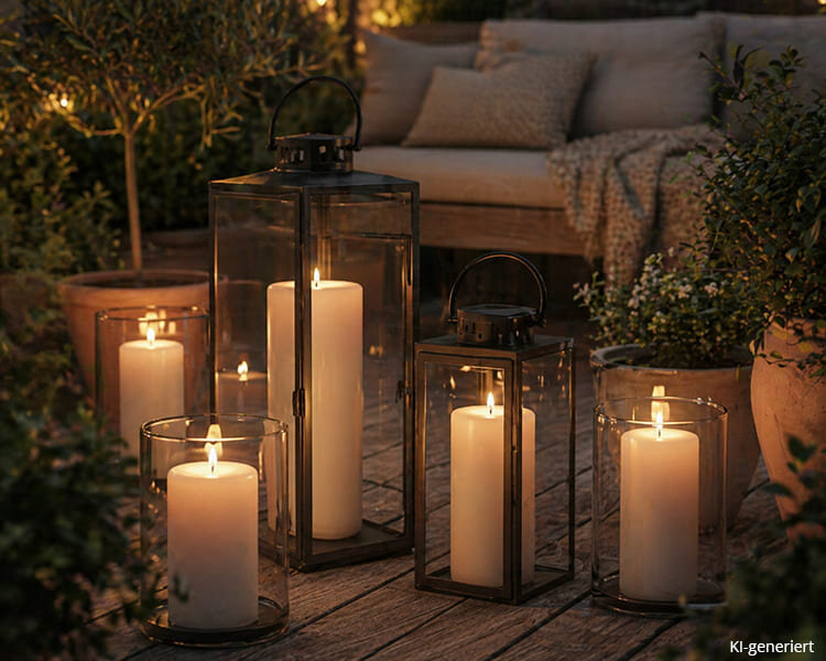 Laternenkerzen im Garten für gemütliche Beleuchtung am Abend