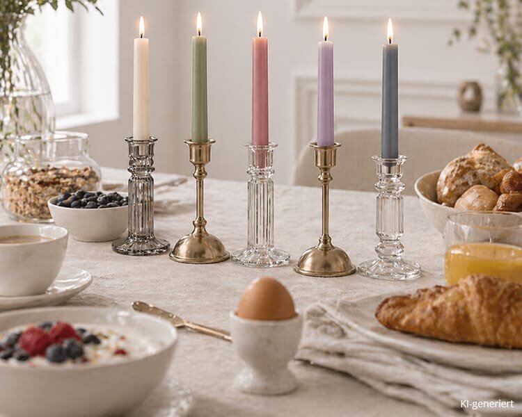 Leuchterkerzen als elegante Tischdekoration beim Frühstück
