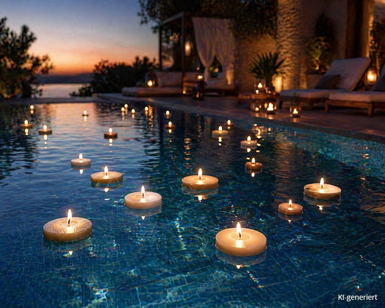 Schwimmkerzen im Pool als stimmungsvolle Abenddekoration