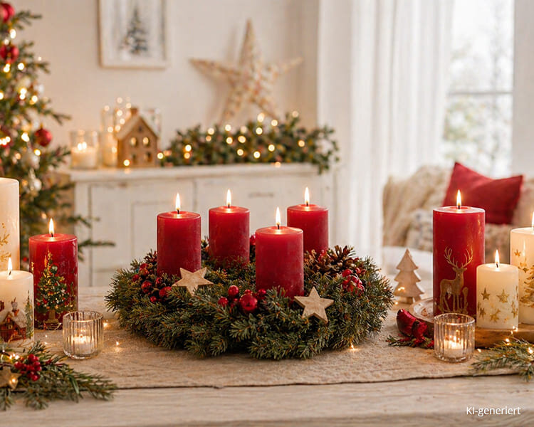Weihnachtskerzen auf Adventskranz mit roter Dekoration