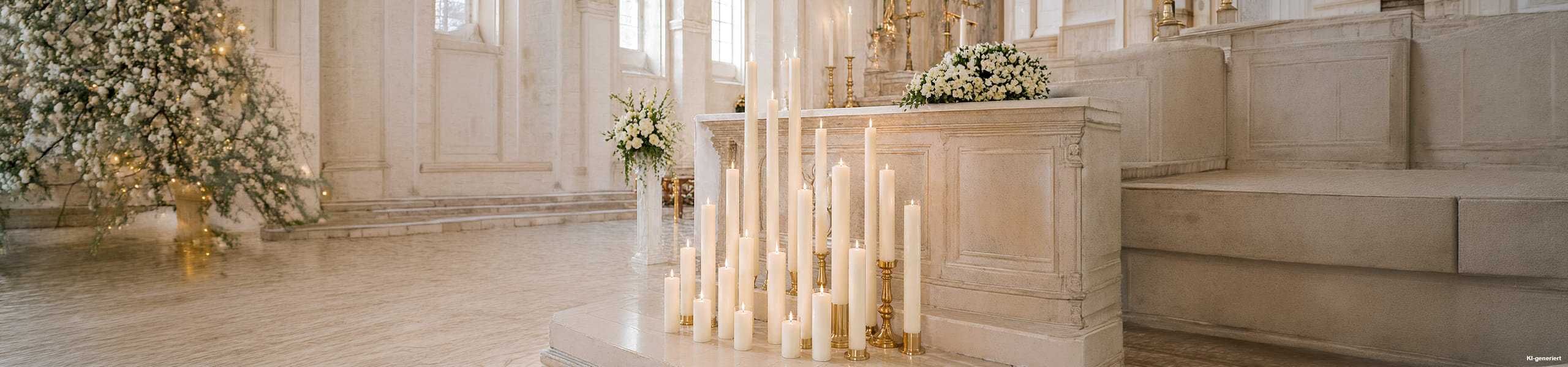 Weiße Altarkerzen in festlich dekorierter Kirche