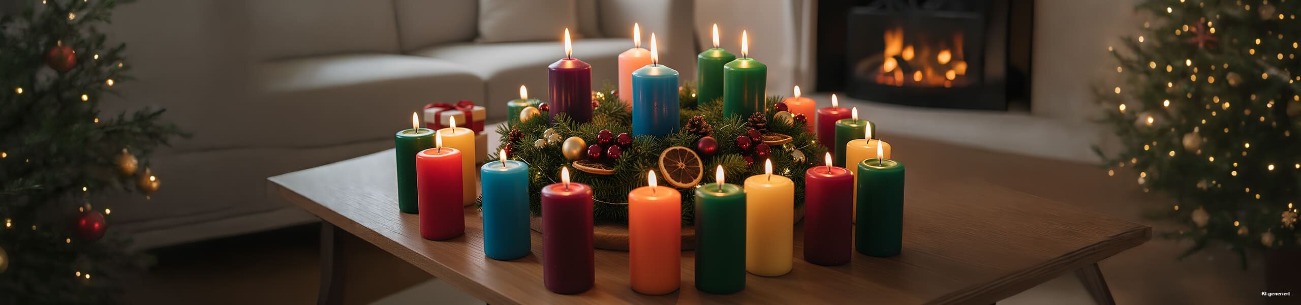Weihnachtskerzen und Adventsdekoration mit warmem Kerzenschein
