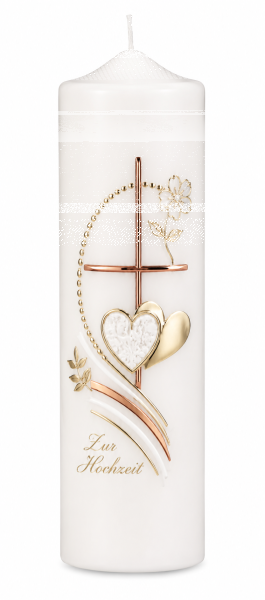 Hochzeitskerze Stumpenkerze mit Kreuz, Herz & Schmetterlingen mit Namen & Datum