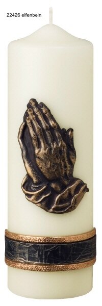 Gedenkkerze Elfenbein/Bronze mit betende Hände 25 x 8 cm